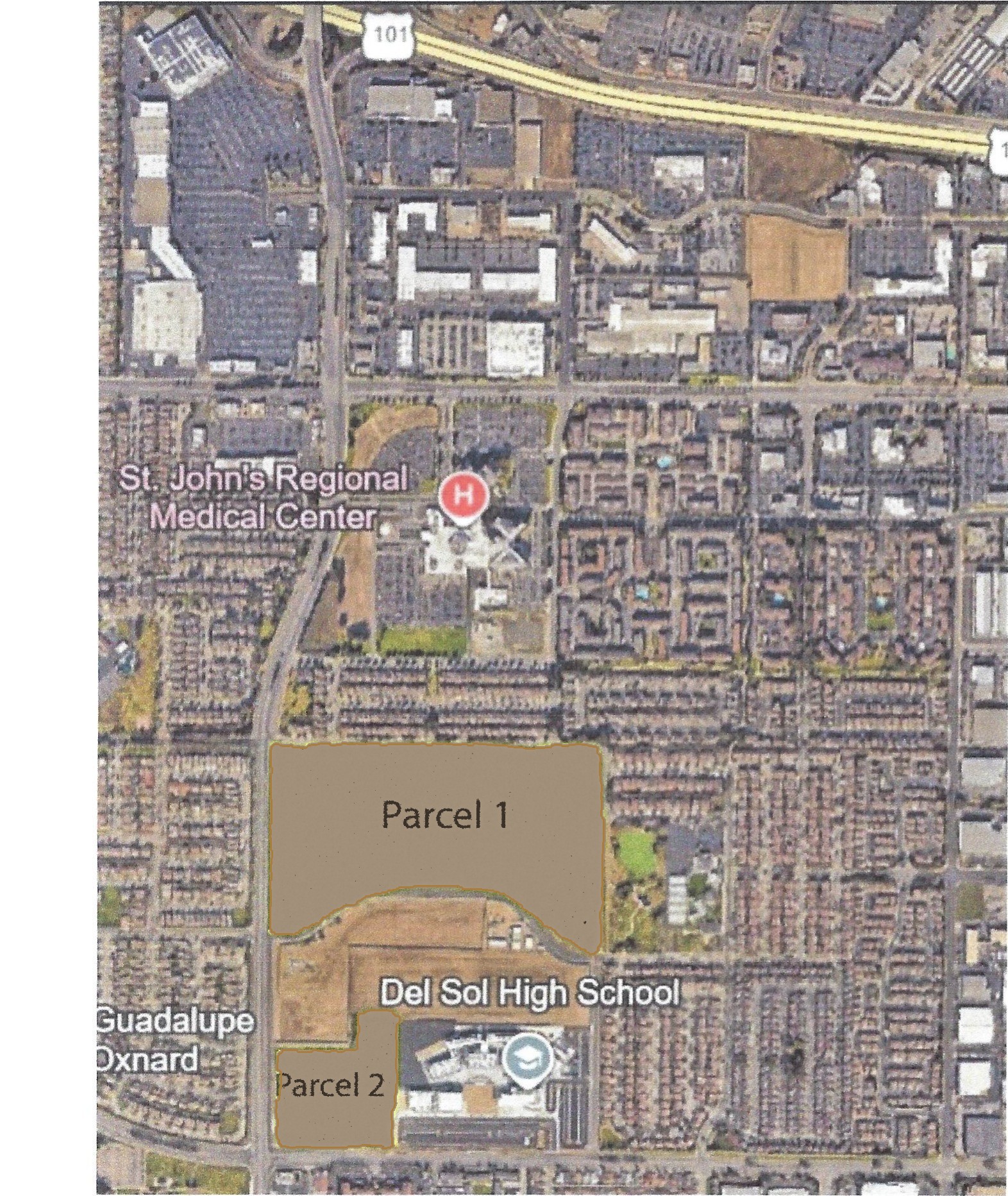 Parcel 1 and Parcel 2 site map near Del Sol High School and St. John's Regional Medical Center