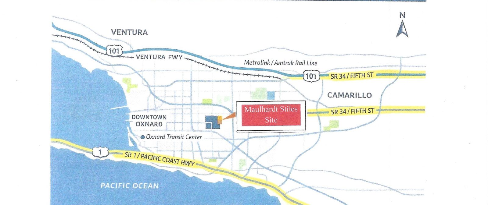 Regional map showing the Maulhardt Stiles site relative to downtown Oxnard, Ventura, and Camarillo