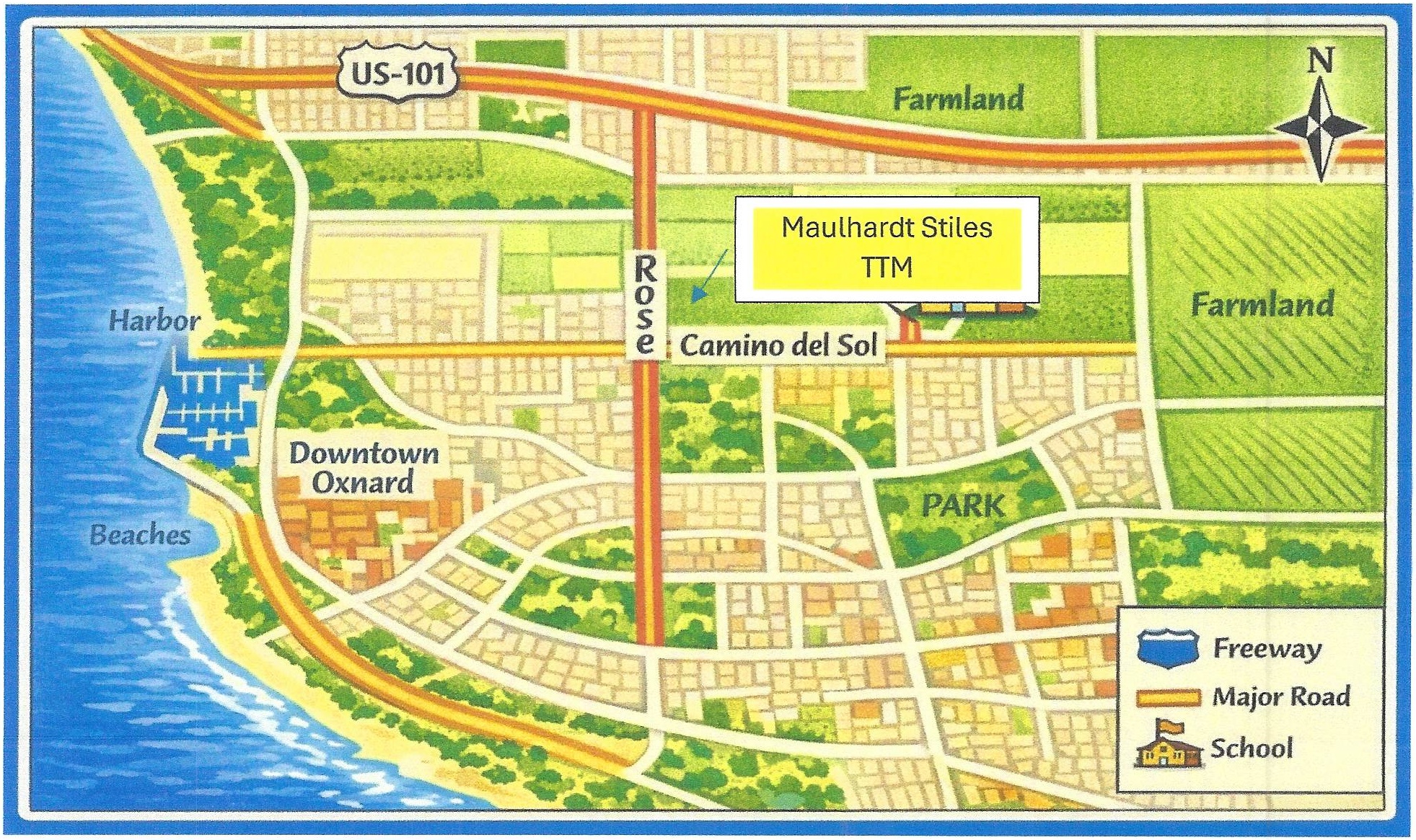 Illustrated regional map showing the Maulhardt Stiles TTM parcel near Rose Avenue and Camino del Sol, with Downtown Oxnard, the Harbor, beaches, farmland, and US-101 shown for context