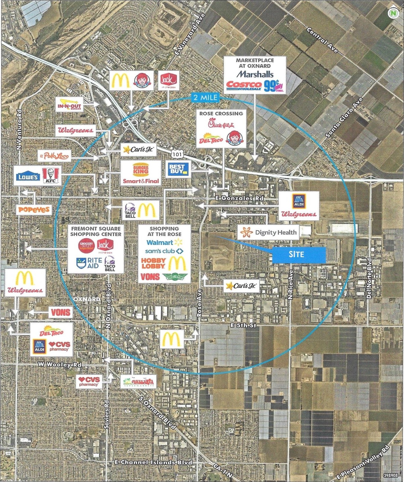 Two mile retail and amenity radius map surrounding the site